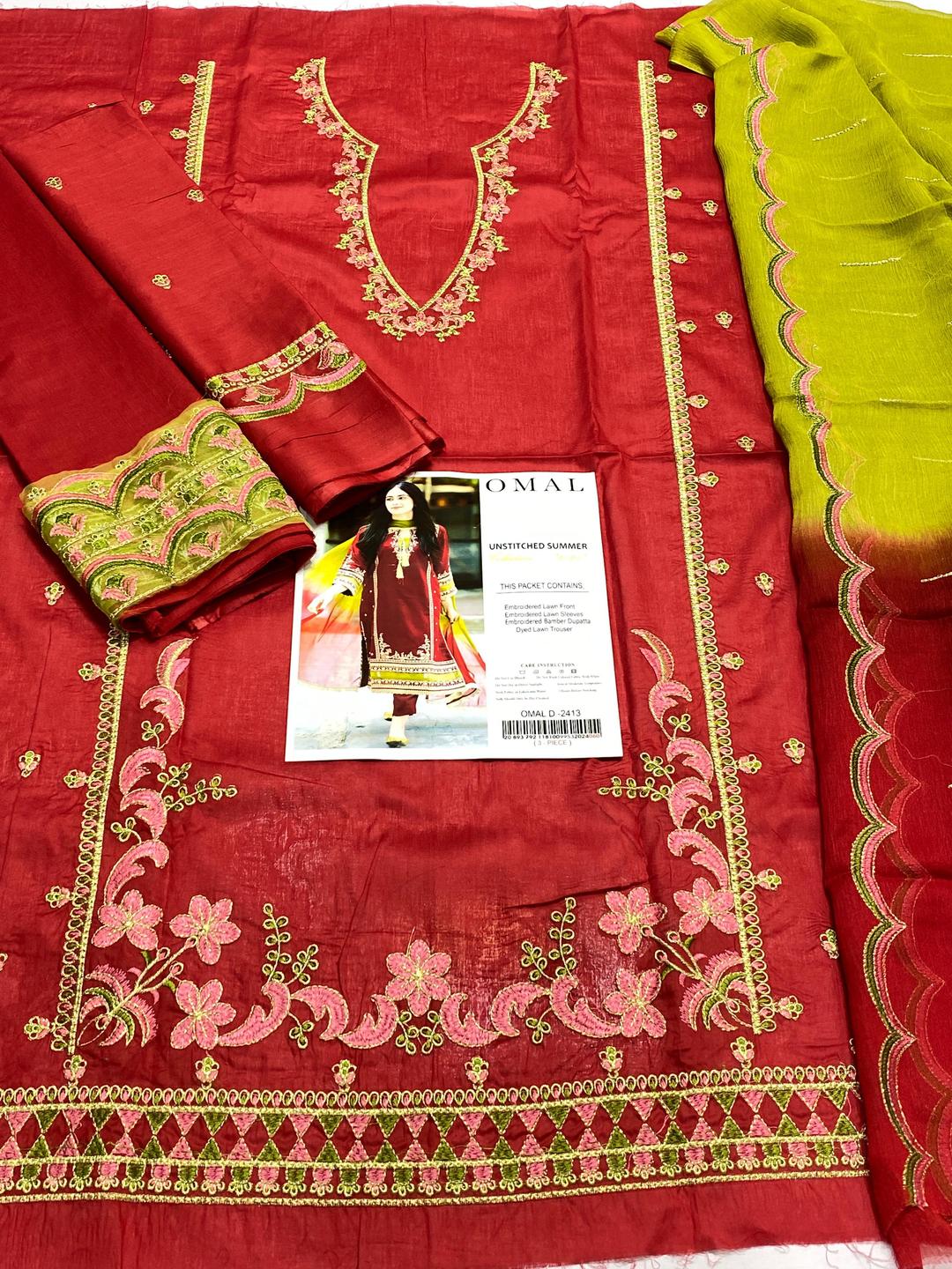 3 Pcs Women's Unstitched Embroidered Suit