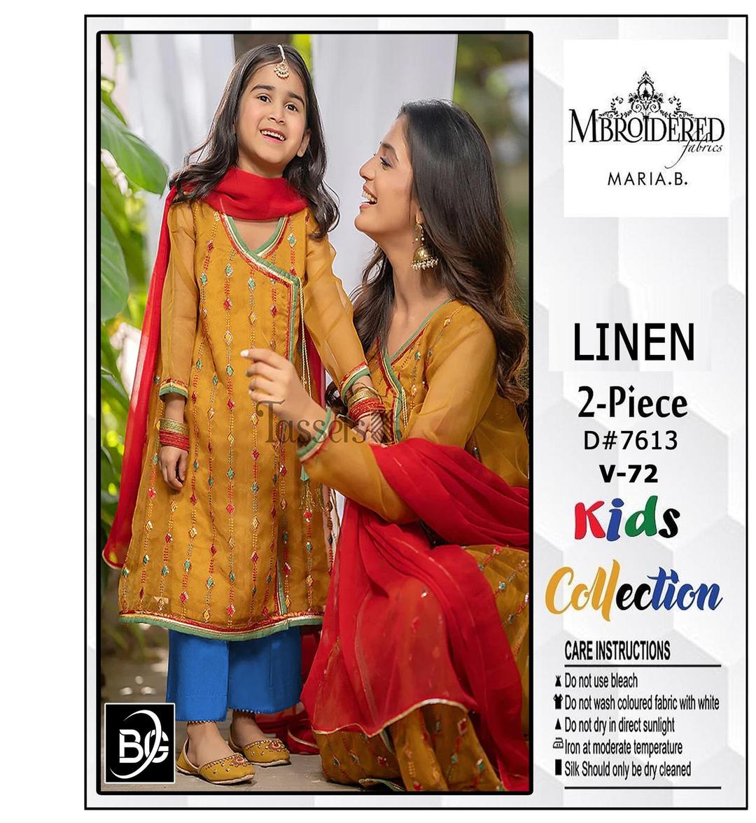 2 Pcs Girl's Linen Embroidered Shirt And Trouser Suit