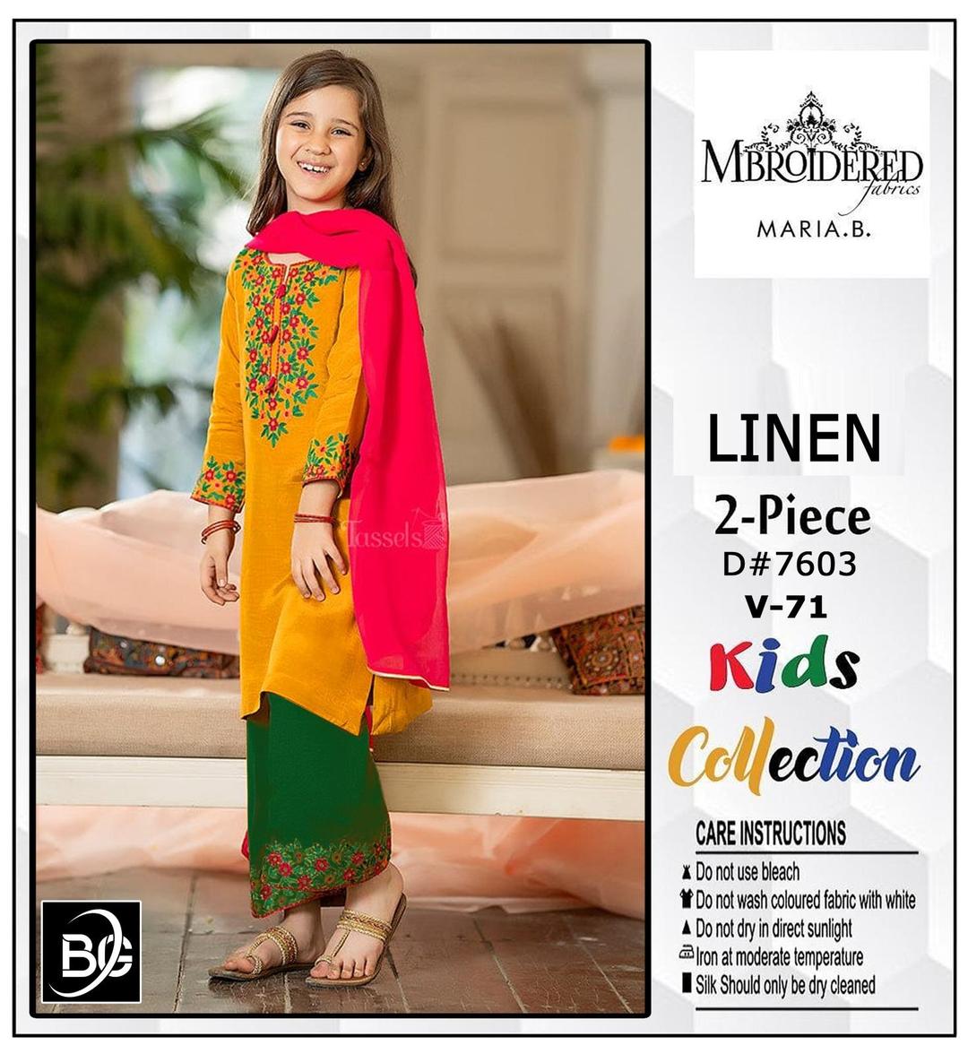 2 Pcs Girl's Linen Embroidered Shirt And Trouser Suit