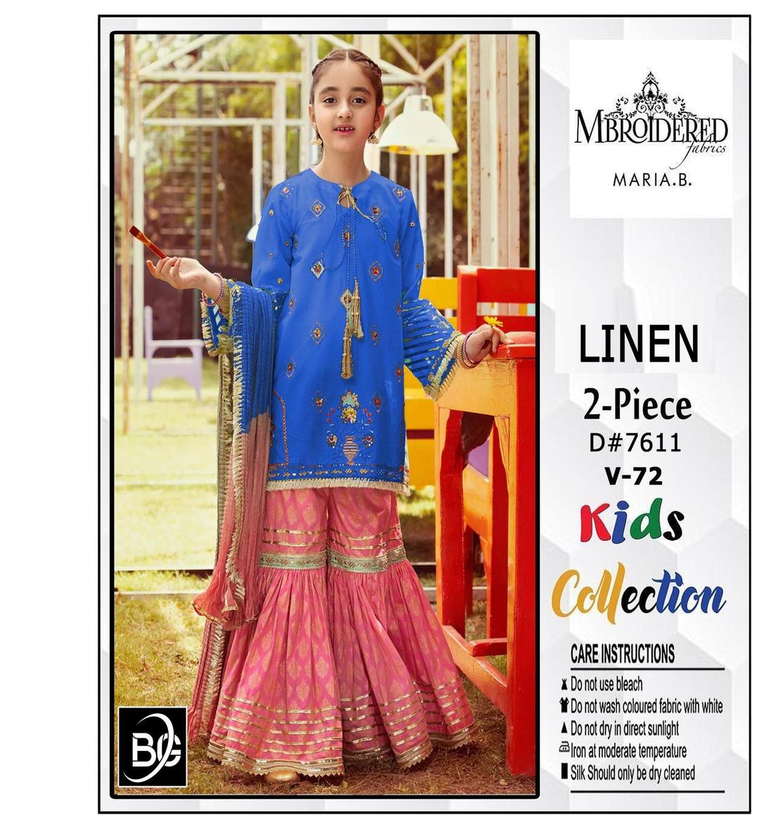 2 Pcs Girl's Linen Embroidered Shirt And Trouser Suit