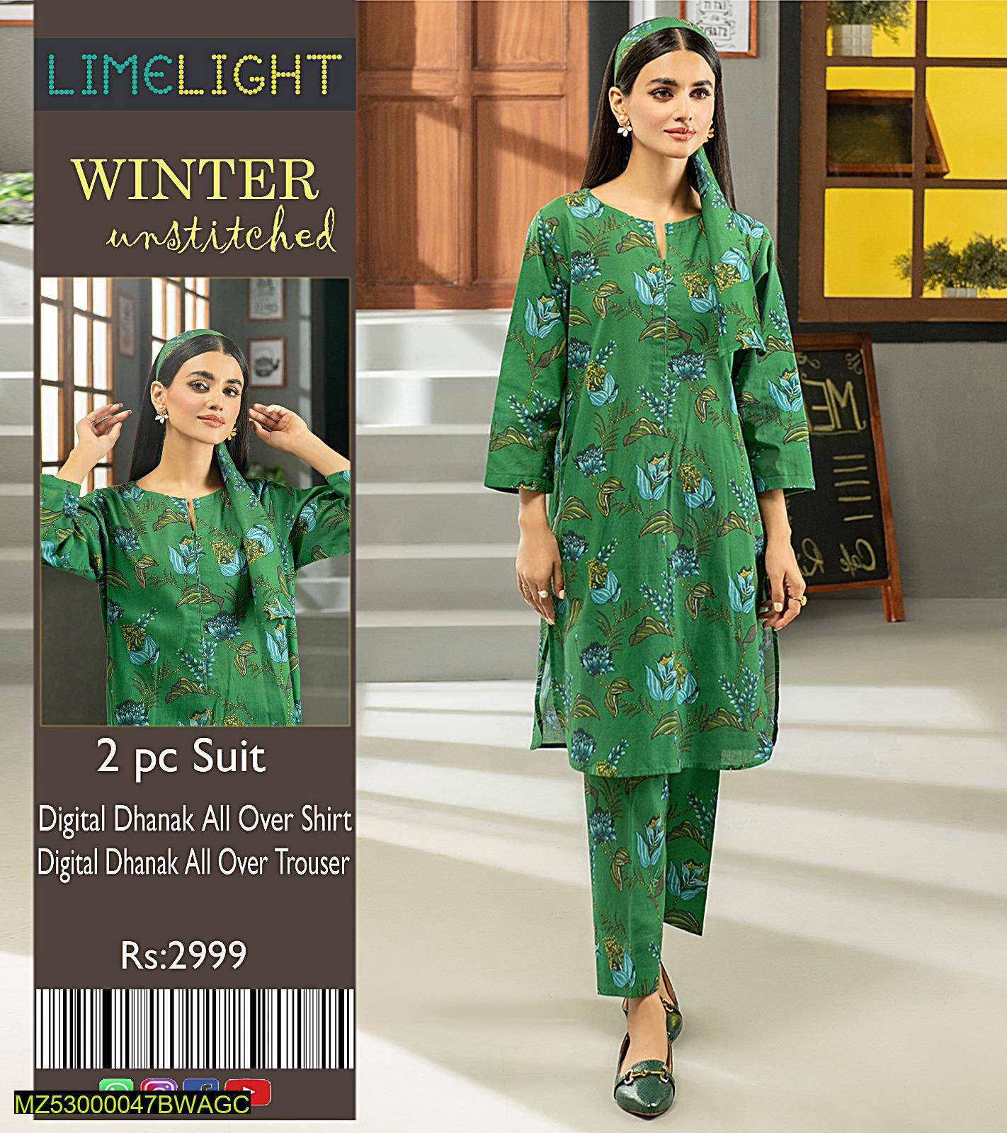 2 Pcs Women's Unstitched Dhanak Printed Suit