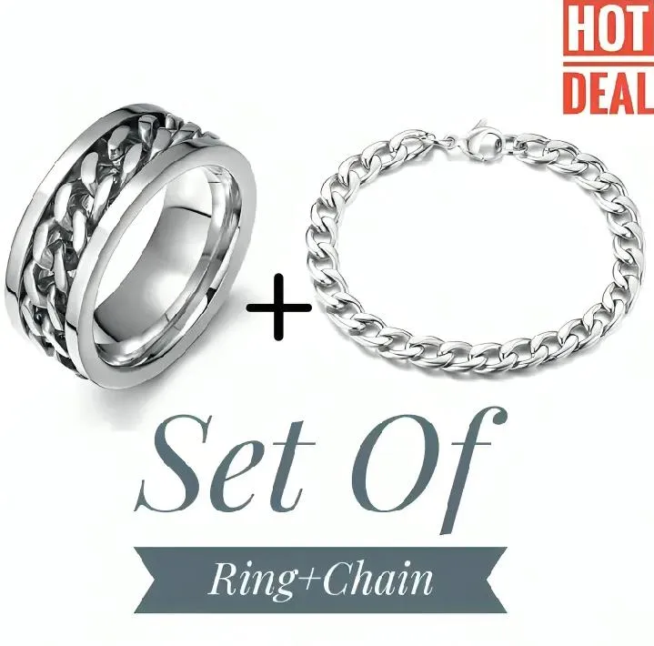 Pack of 2 Stylish  Ring + Bracelet Chain Set for Men  Premium Stainless Steel