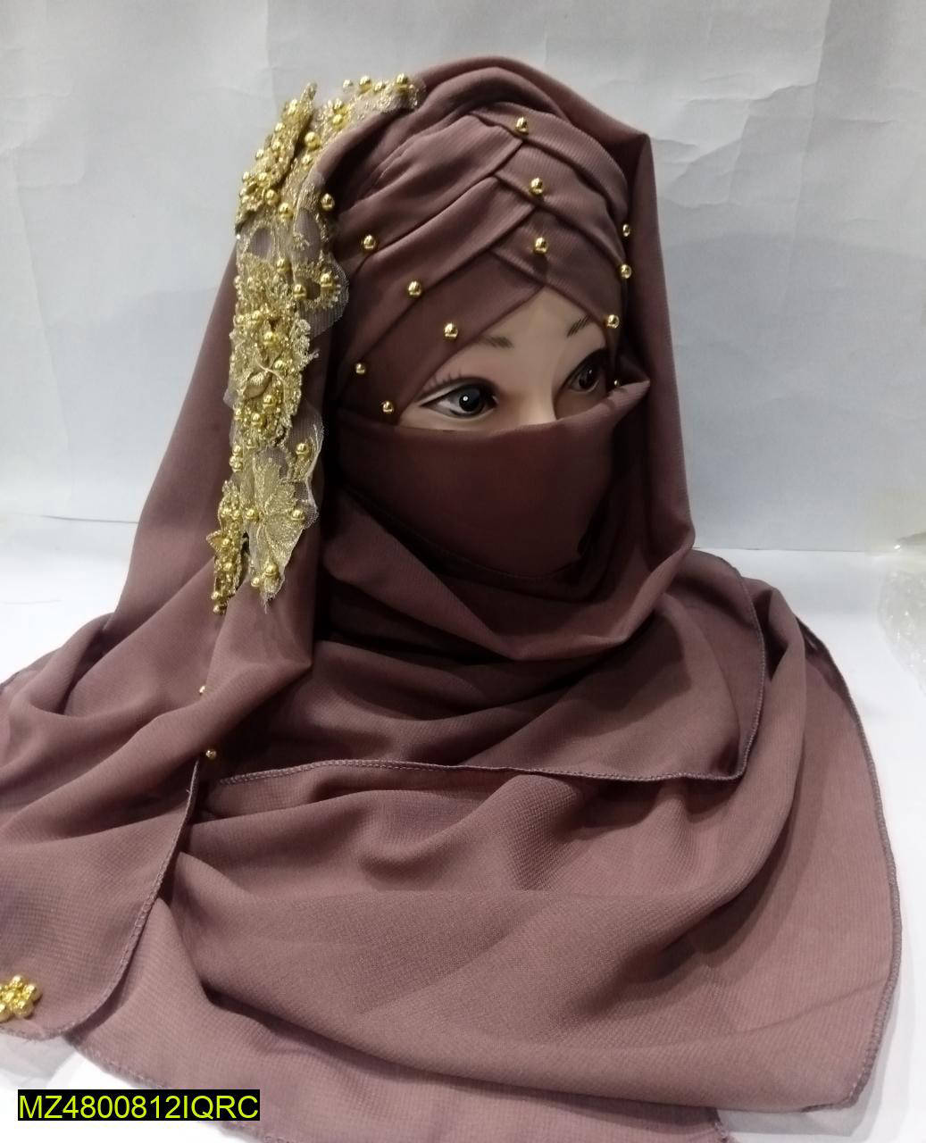 Chiffon Pearl Floral Hijab with 3D Fancy Flower Br