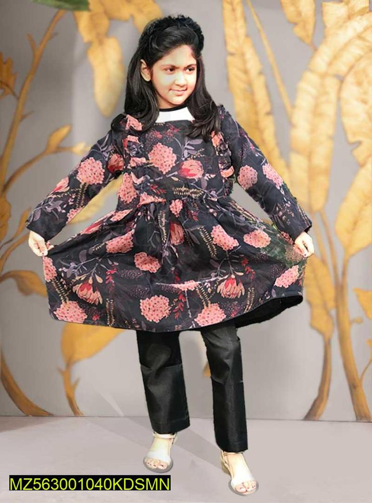 Black Floral Cotton Frock & Trousers Set for Girls 1-10