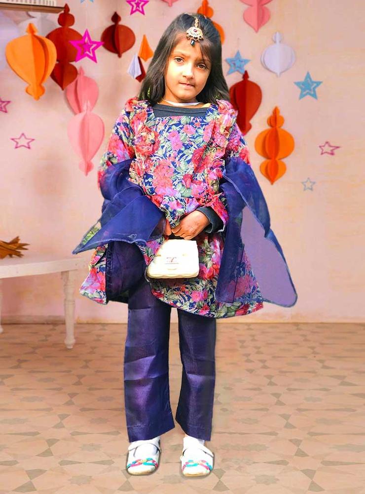 Blue Trouser With Blue Pink Flowers Shirt ,KM0000151-Black And Pink