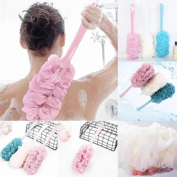  8” Long Curved Handle Bath Sponge with Handle brush 