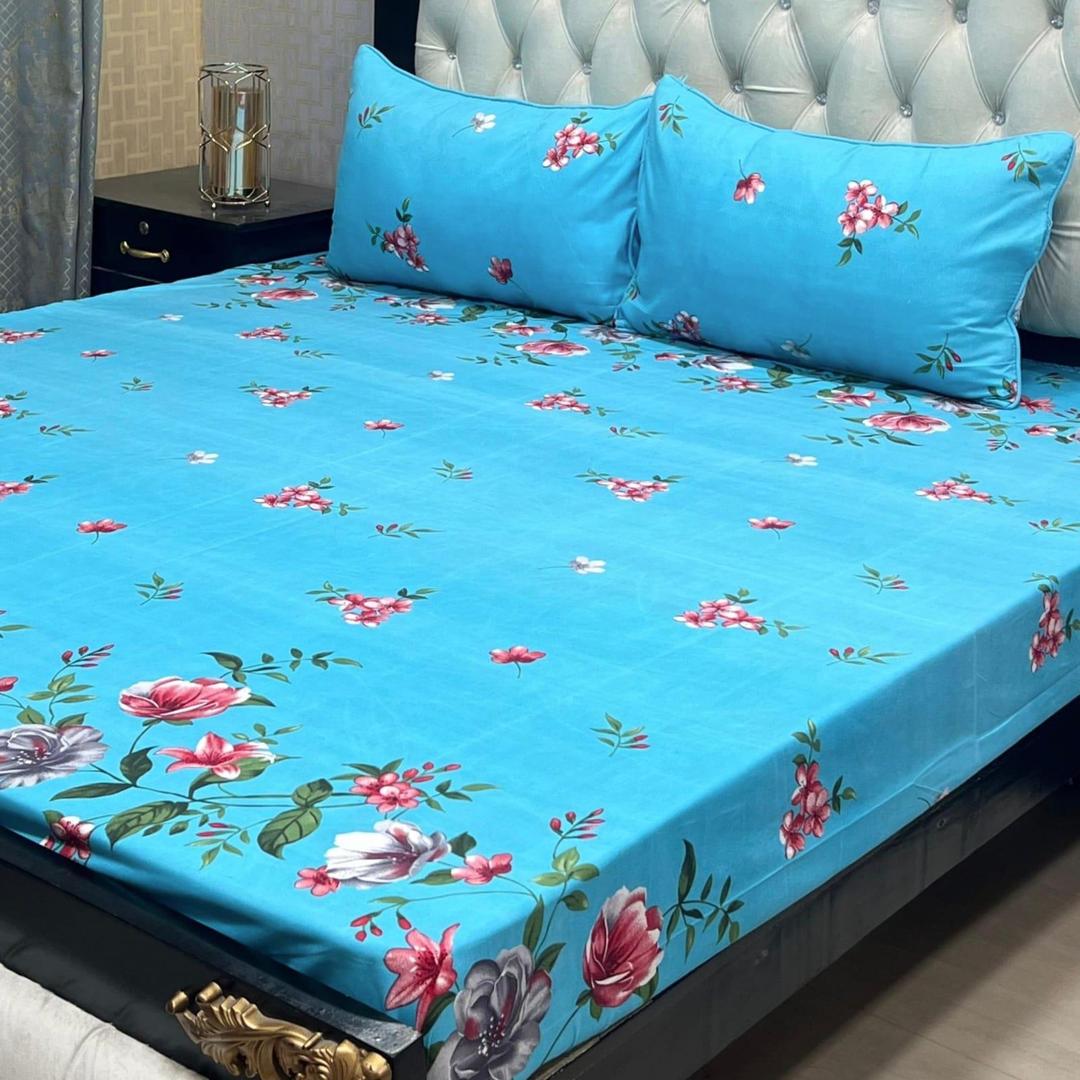 3 Pcs Crystal Cotton Printed Double Bedsheet