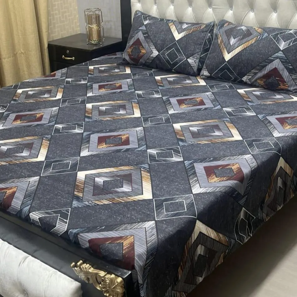 3 Pcs Crystal Cotton Printed Double Bedsheet