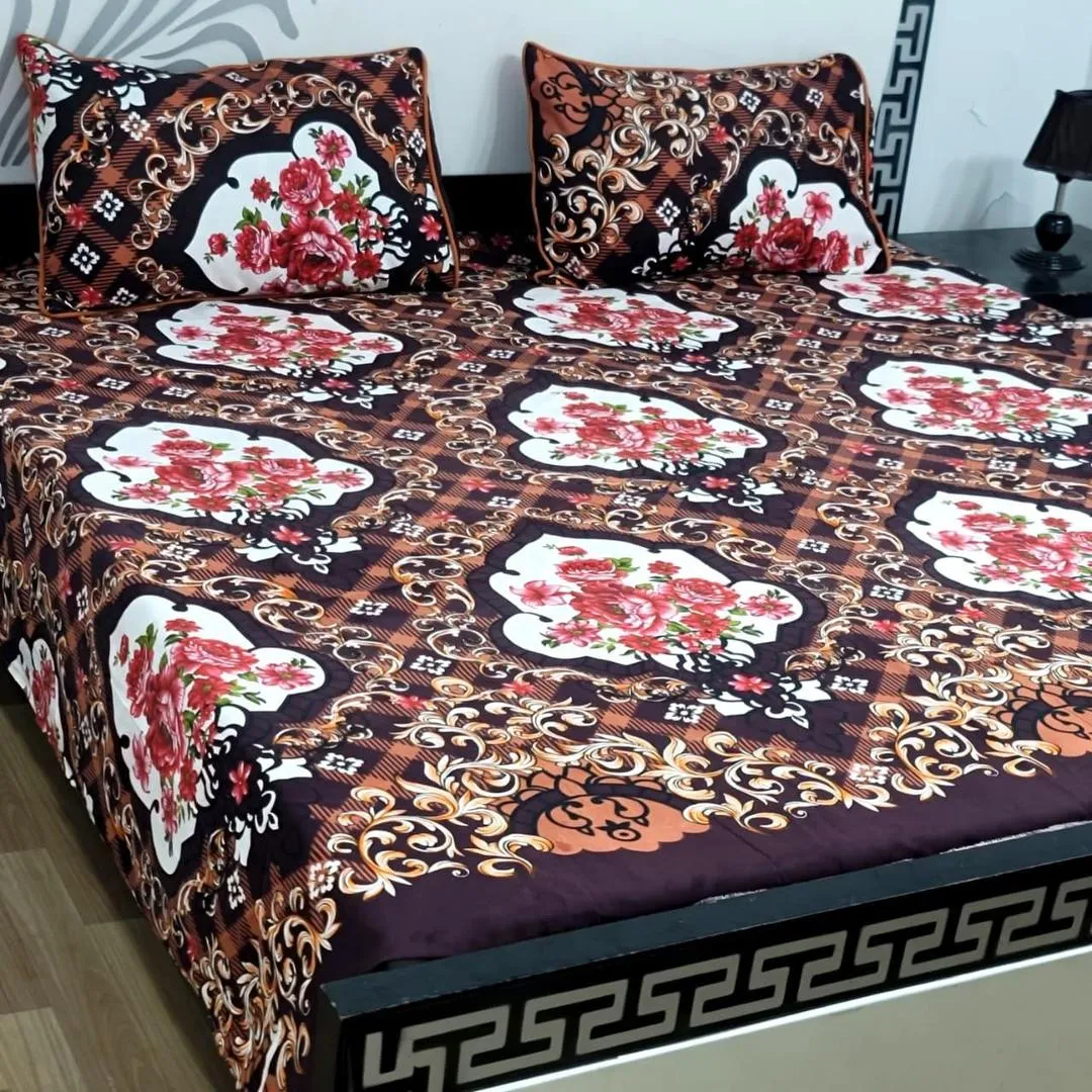 3 Pcs Crystal Cotton Printed Double Bedsheet