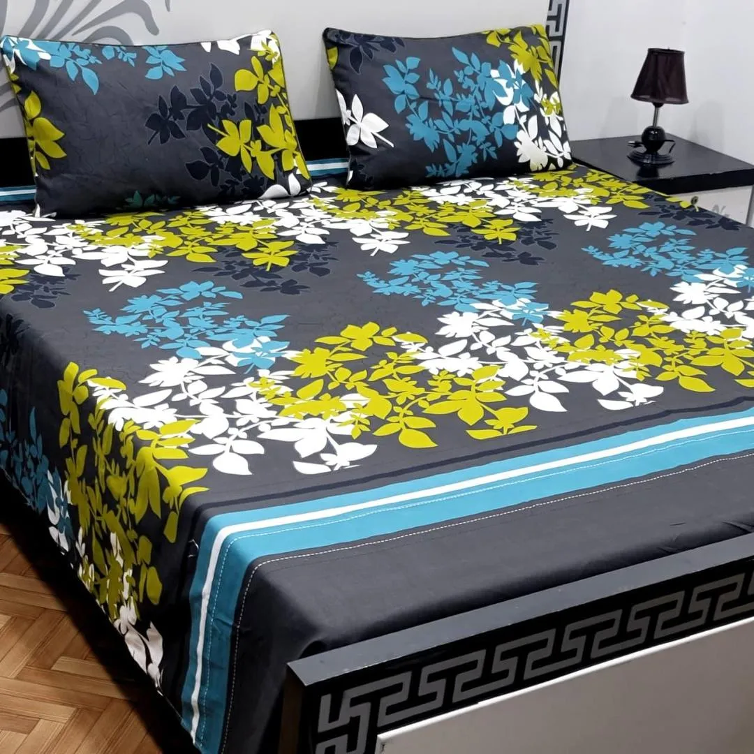 3 Pcs Crystal Cotton Printed Double Bedsheet