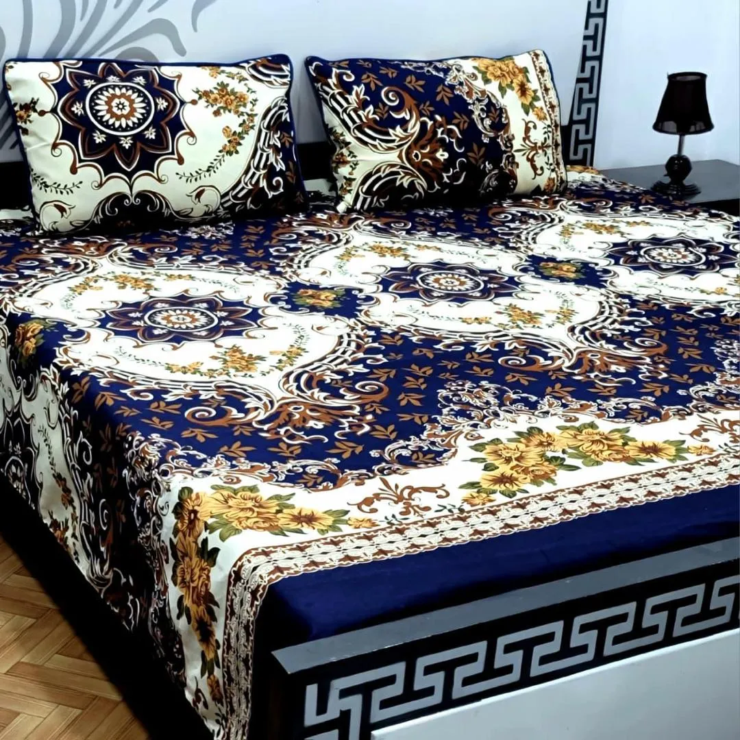 3 Pcs Crystal Cotton Printed Double Bedsheet