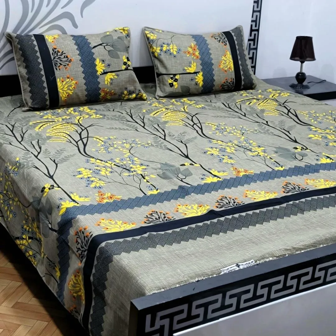 3 Pcs Crystal Cotton Printed Double Bedsheet