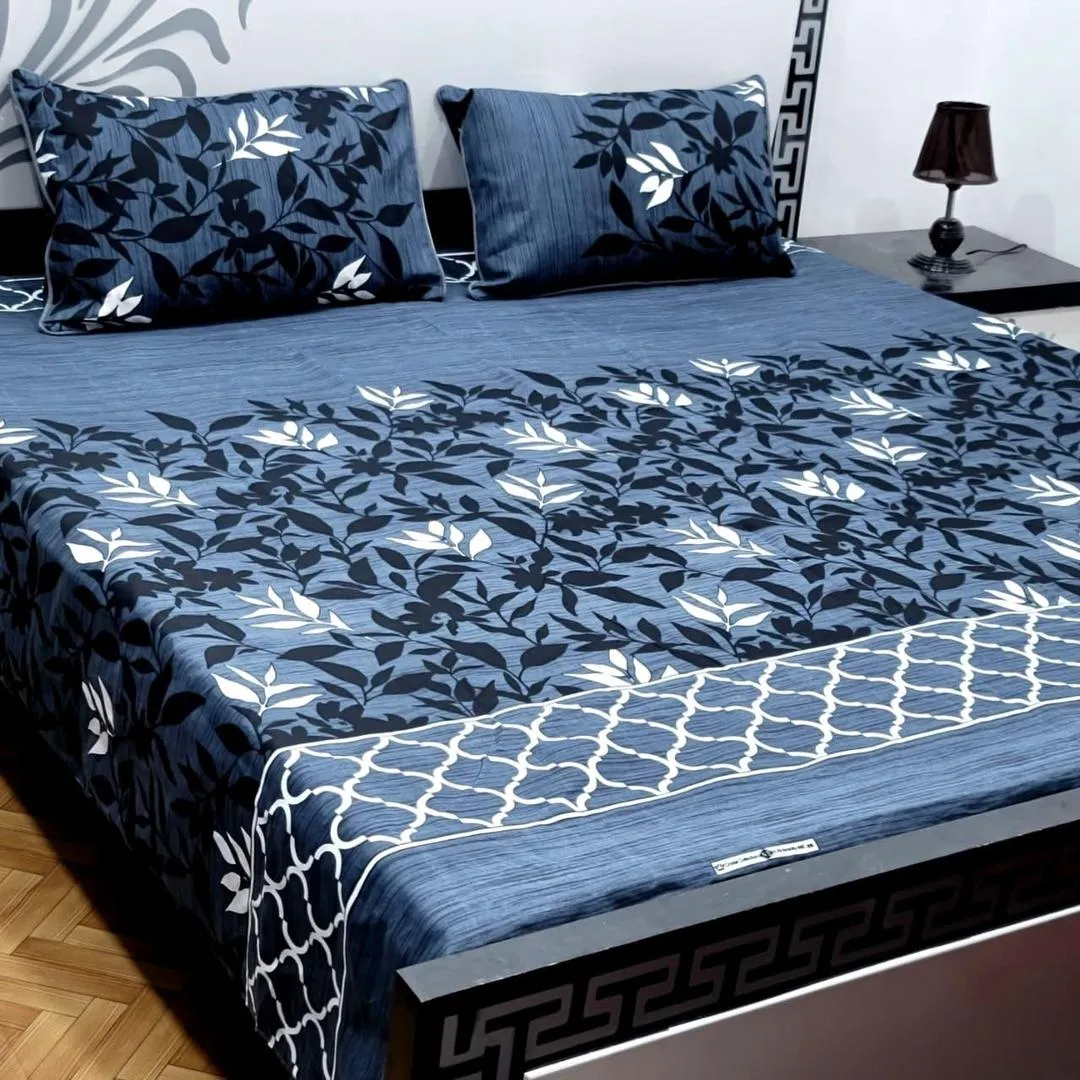 3 Pcs Crystal Cotton Printed Double Bedsheet