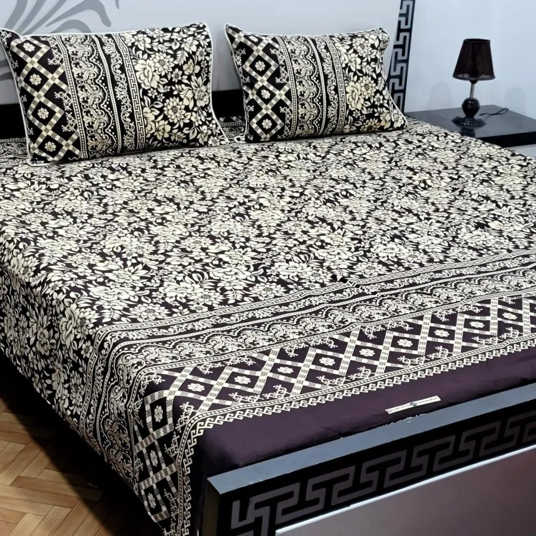 3 Pcs Crystal Cotton Printed Double Bedsheet