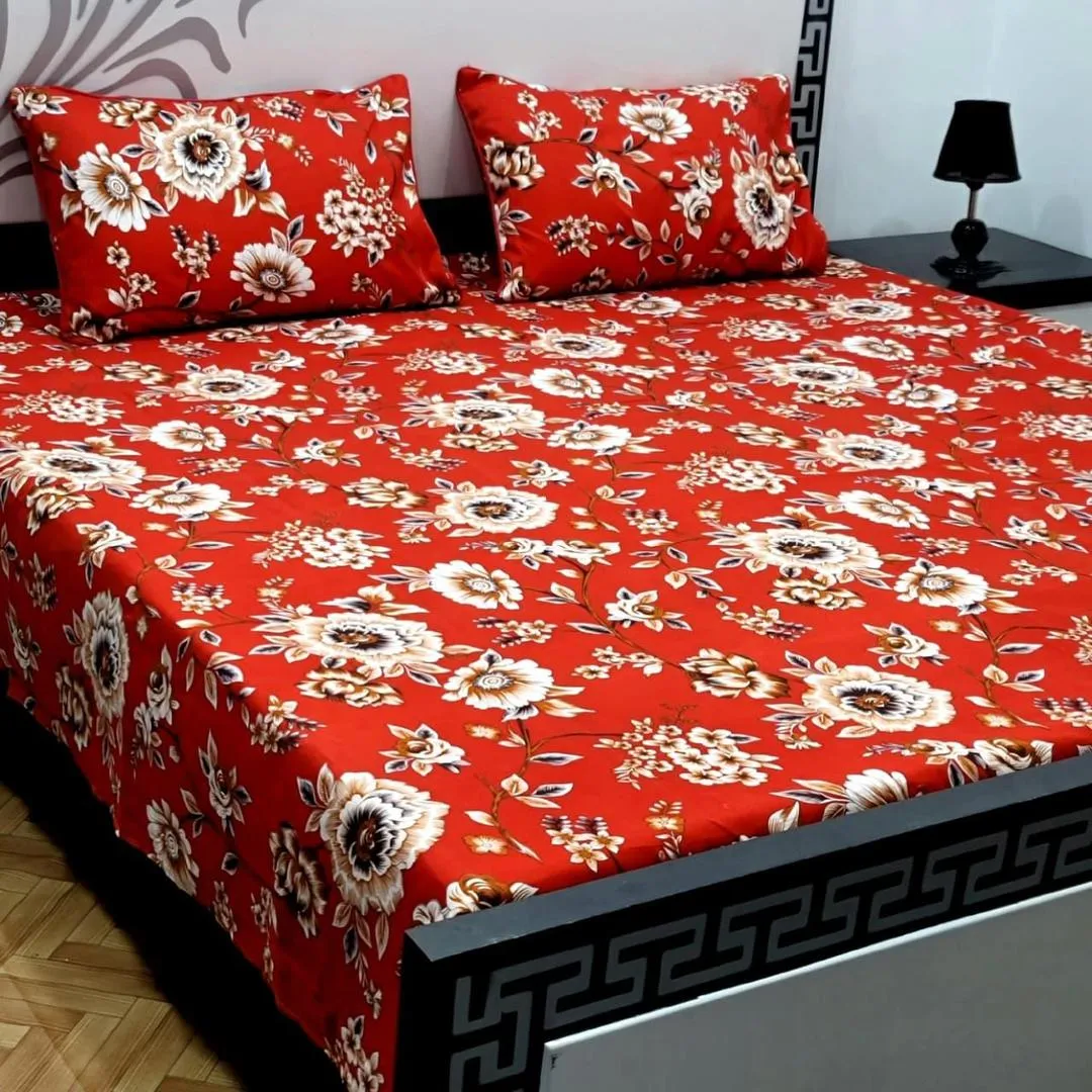 3 Pcs Crystal Cotton Printed Double Bedsheet