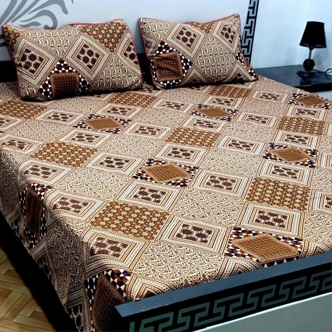 3 Pcs Crystal Cotton Printed Double Bedsheet