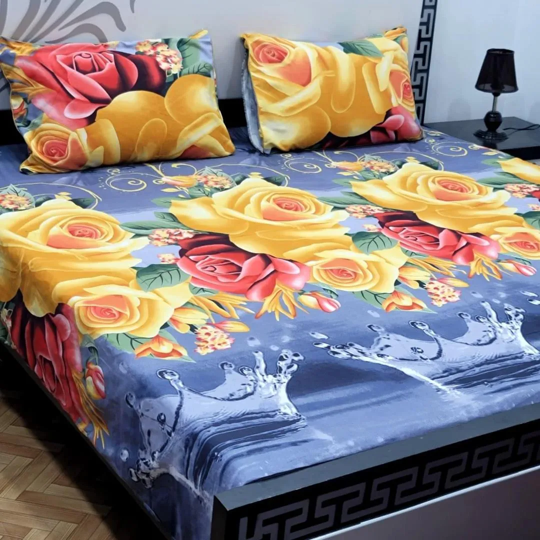 3 Pcs Crystal Cotton Printed Double Bedsheet