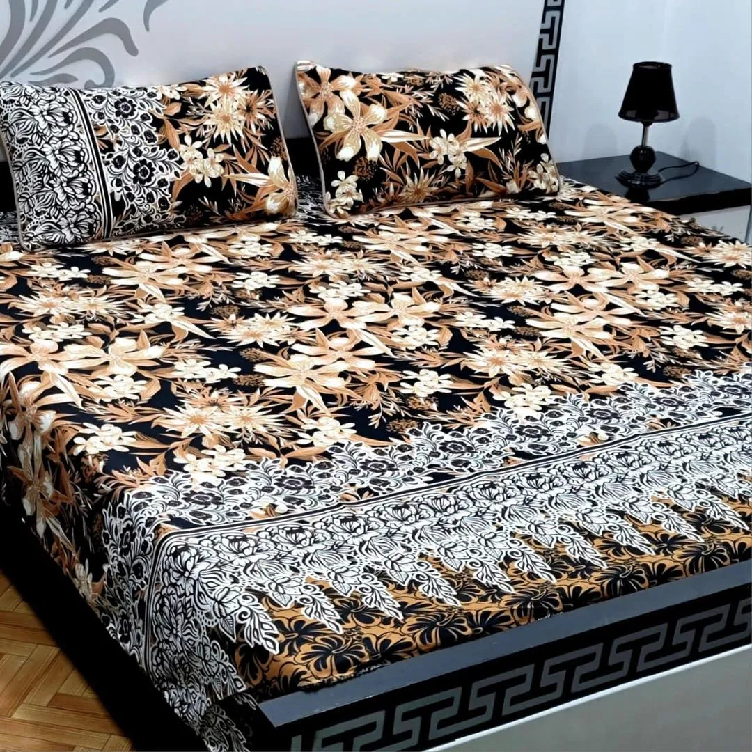 3 Pcs Crystal Cotton Printed Double Bedsheet