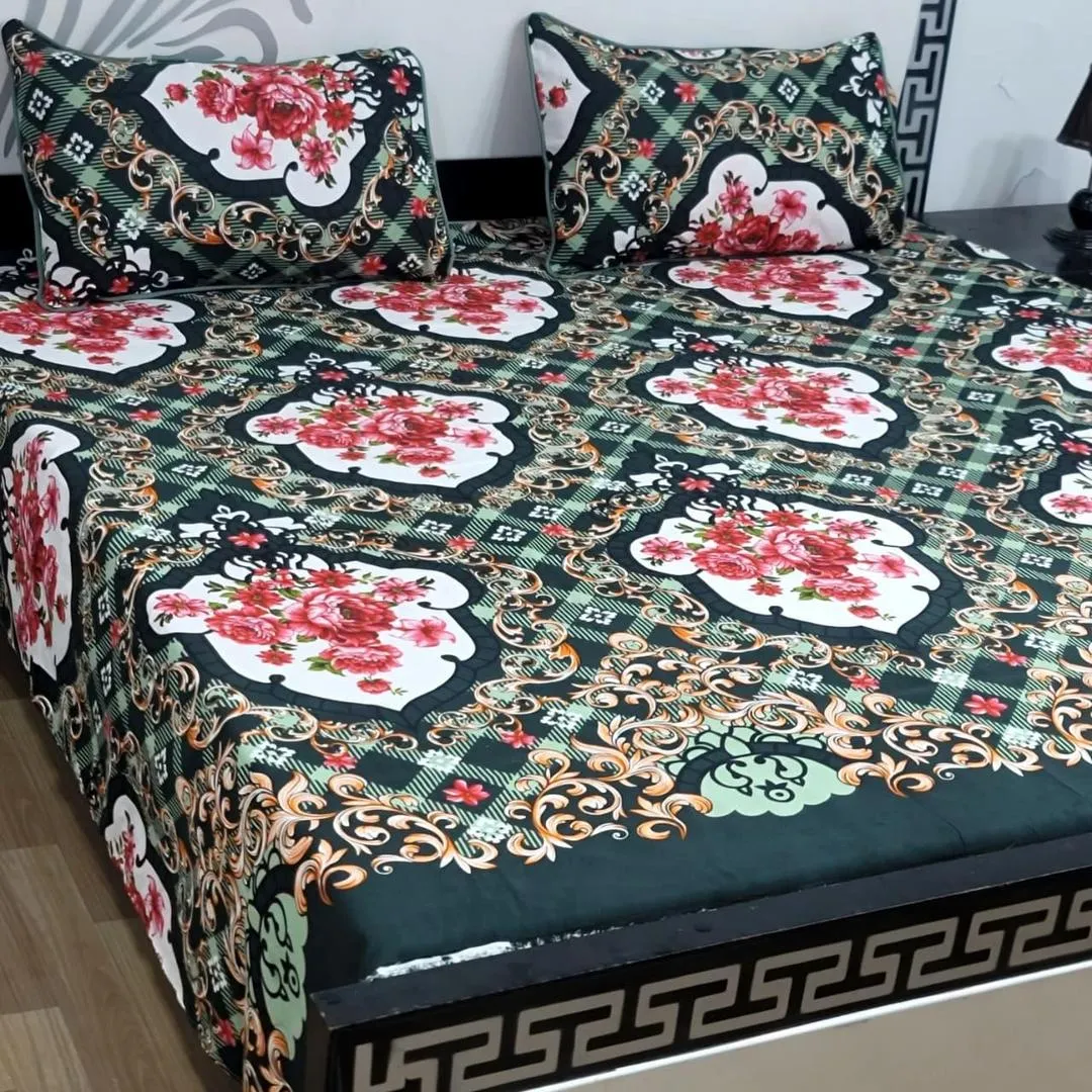 3 Pcs Crystal Cotton Printed Double Bedsheet