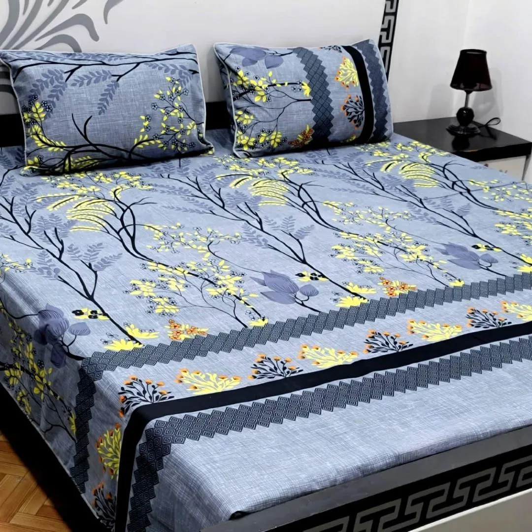 3 Pcs Crystal Cotton Printed Double Bedsheet