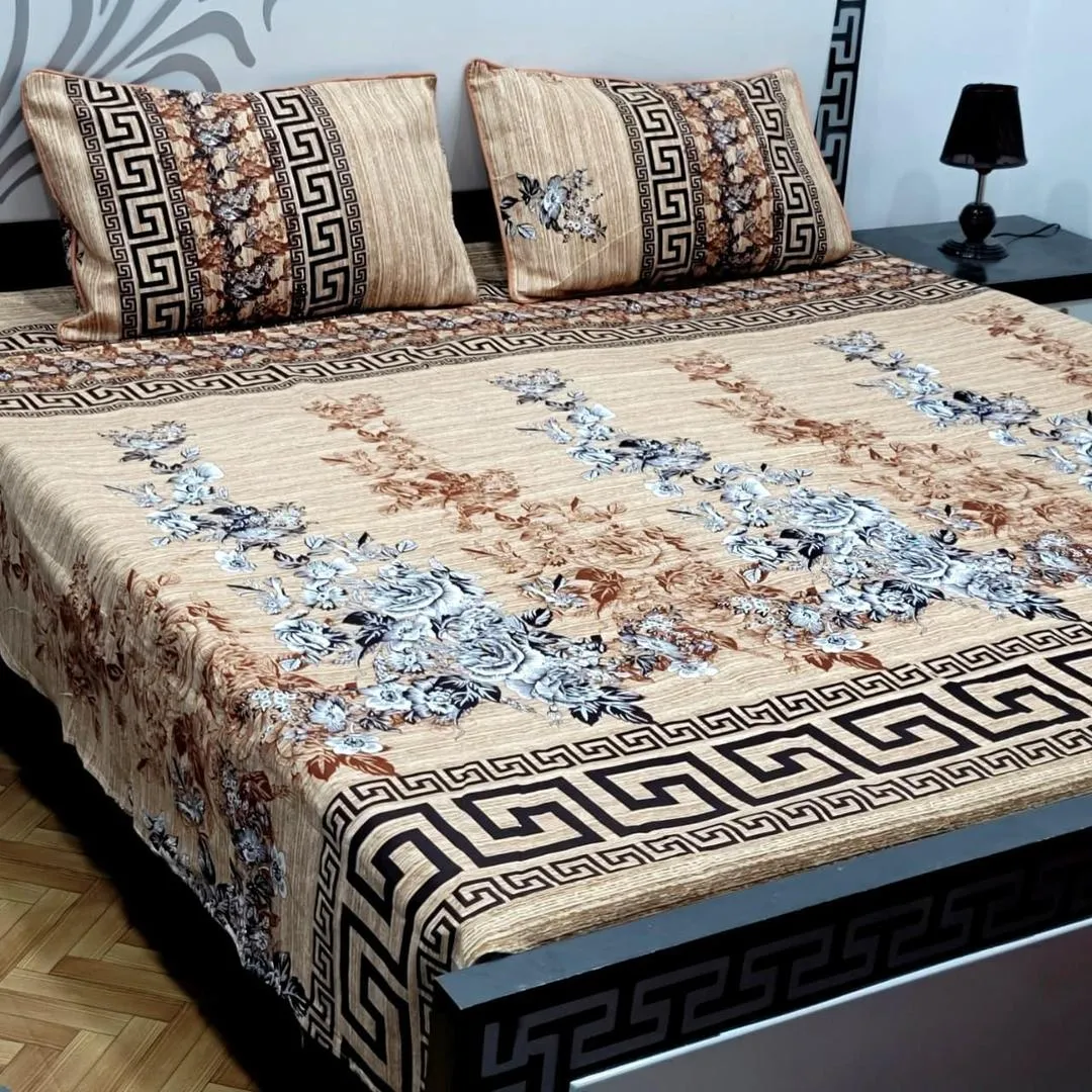 3 Pcs Crystal Cotton Printed Double Bedsheet