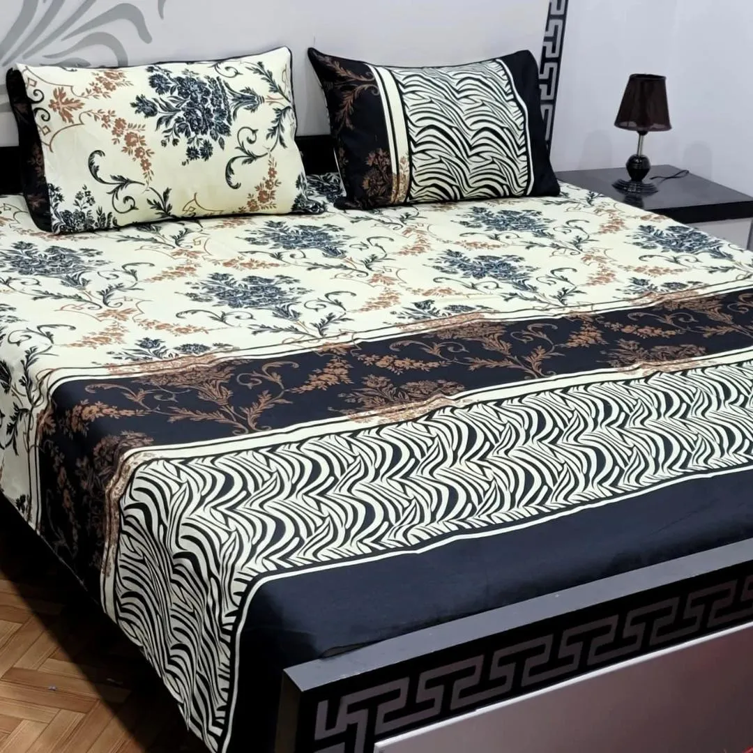 3 Pcs Crystal Cotton Printed Double Bedsheet