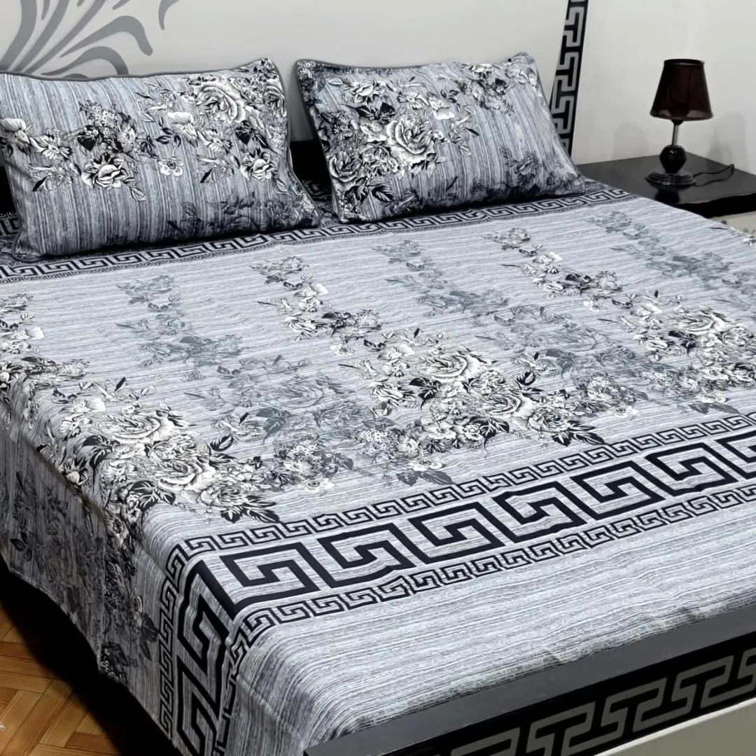 3 Pcs Crystal Cotton Printed Double Bedsheet