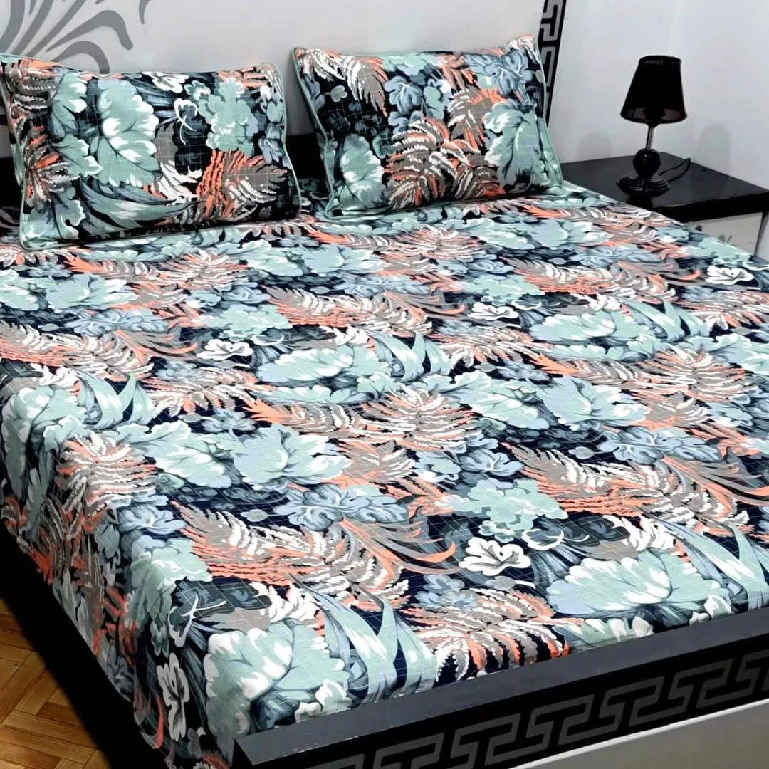3 Pcs Crystal Cotton Printed Double Bedsheet