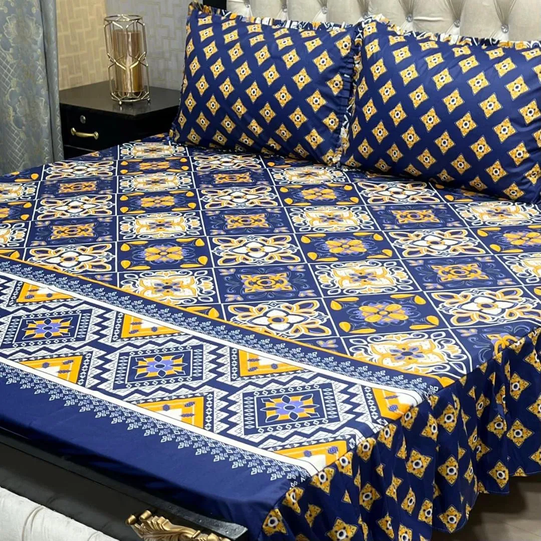 3 Pcs Cotton Salonica Frill Double Bedsheet
