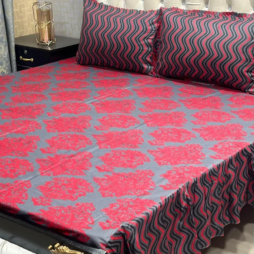 3 Pcs Cotton Salonica Frill Double Bedsheet