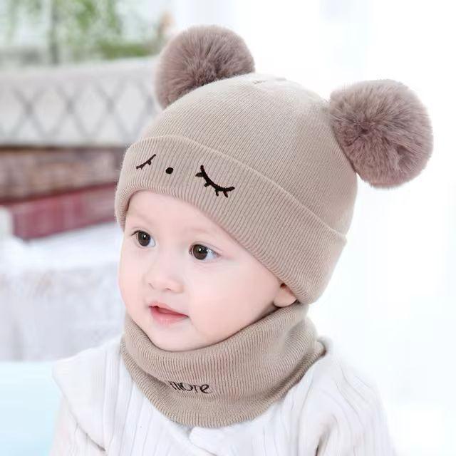 Casual Wool Cap Set for Kid's Ages 1-5 - 2 Pcs in Brown