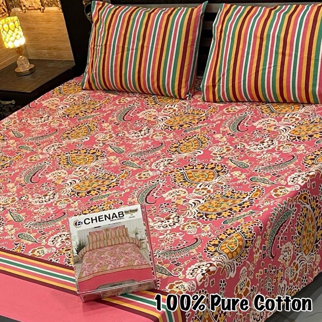 3 Pcs Cotton Printed Double Bedsheet