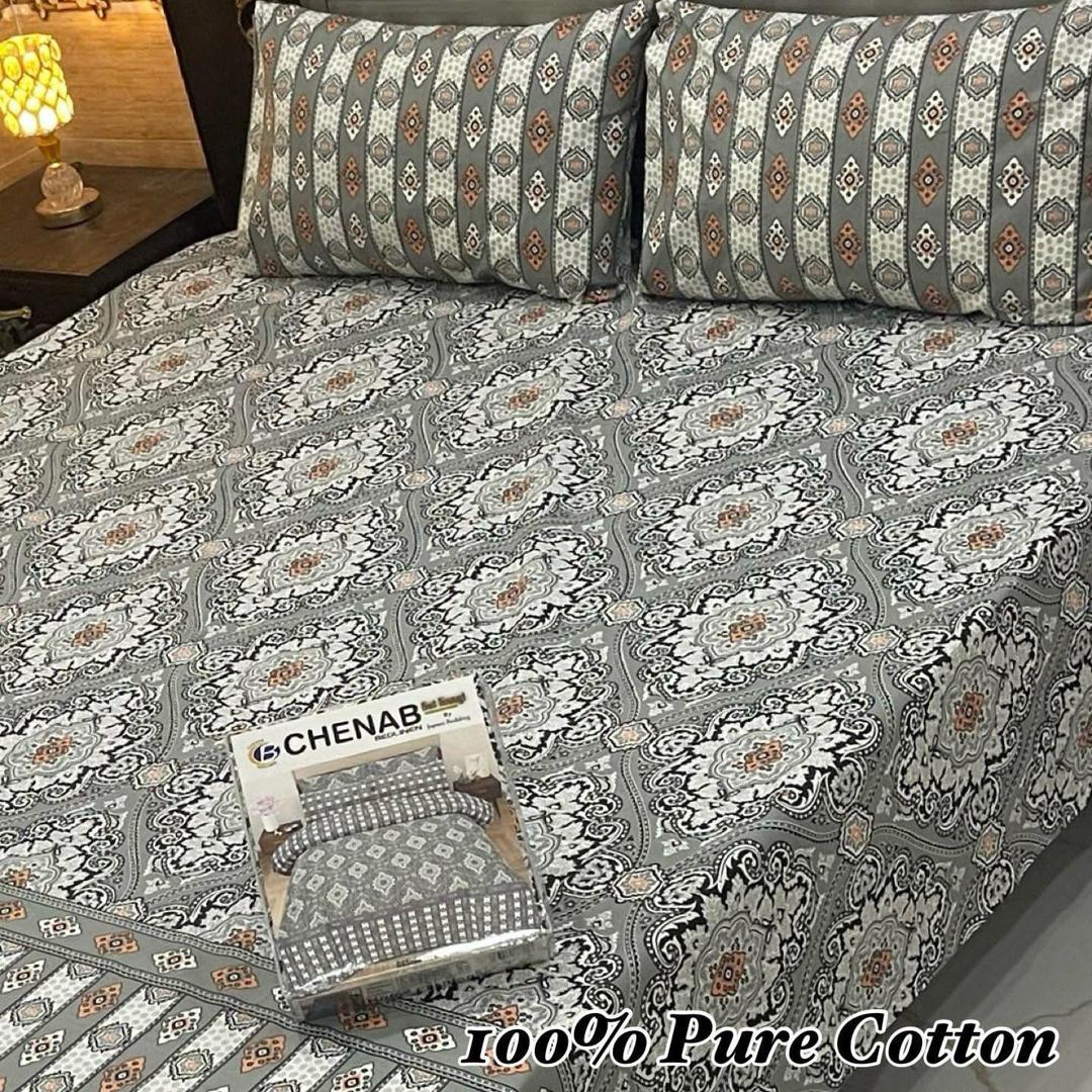 3 Pcs Cotton Printed Double Bedsheet