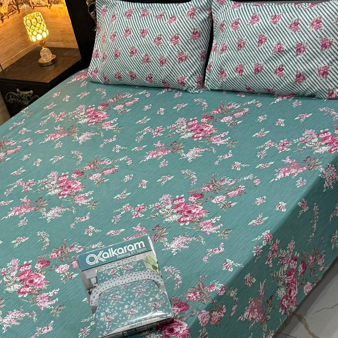 3 Pcs Cotton Salonica Printed Double Bedsheet