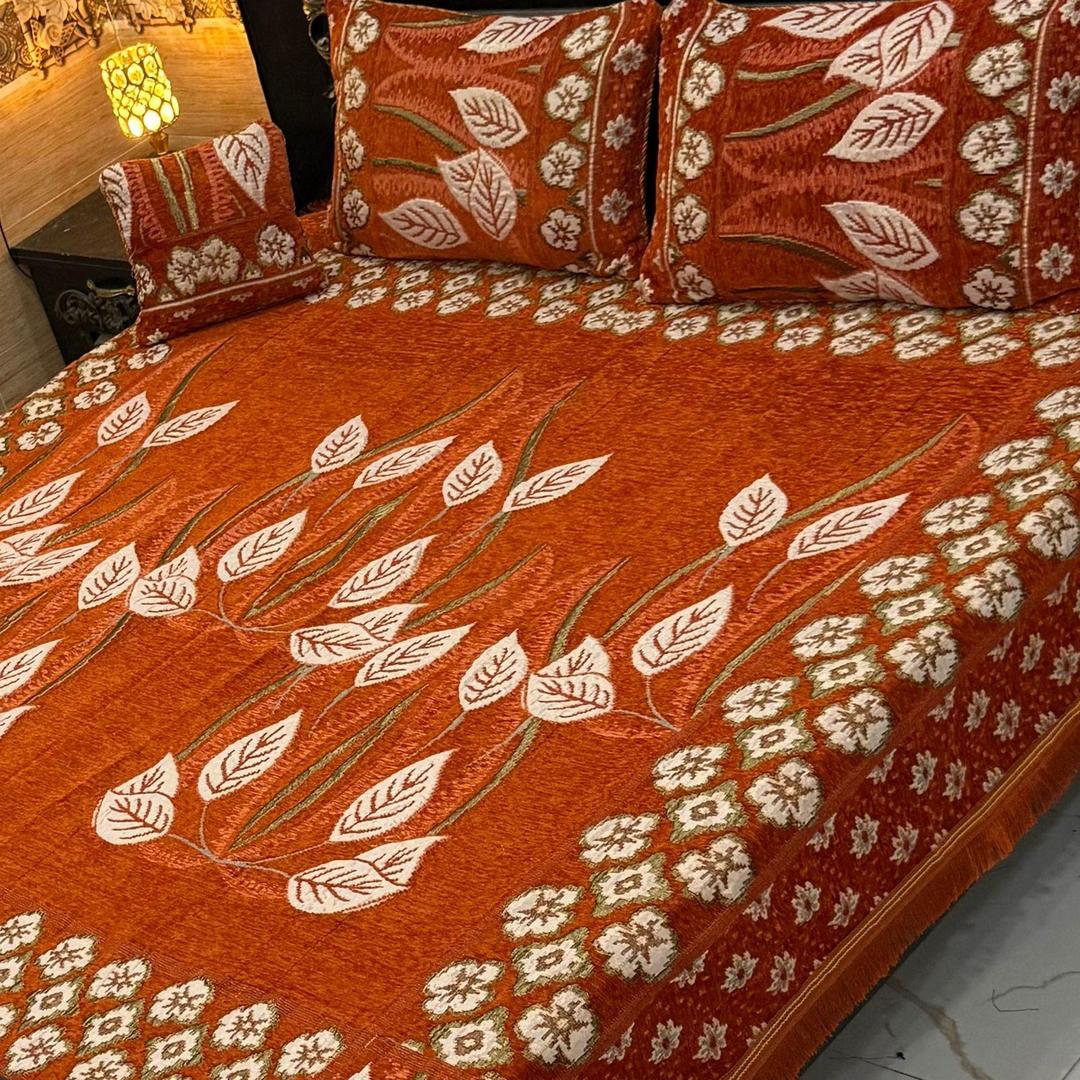 4 Pcs Velvet Jacquard Embroidered Double Bedsheet