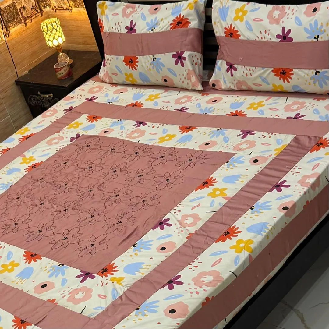 3 Pcs Cotton Patchwork Double Bedsheet