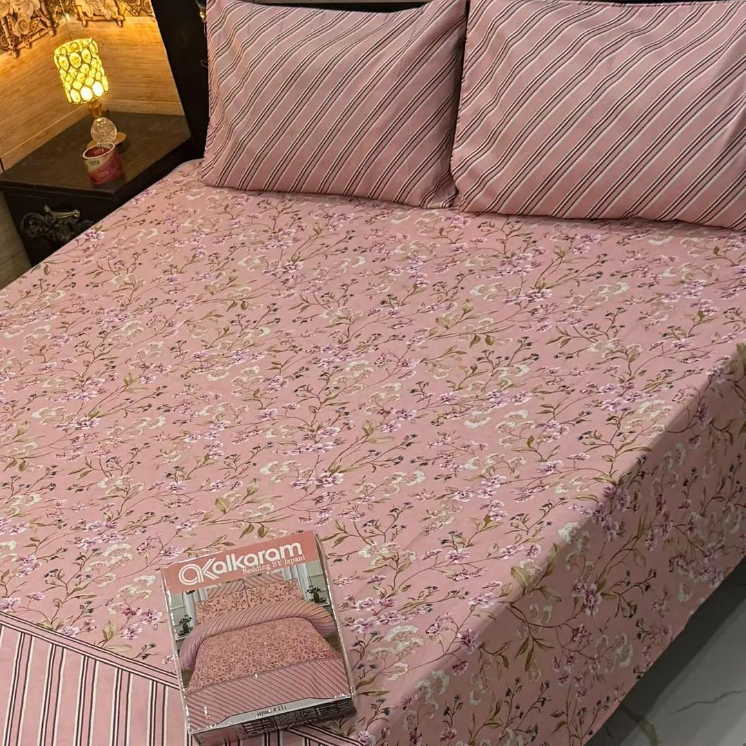 3 Pcs Cotton Salonica Printed Double Bedsheet