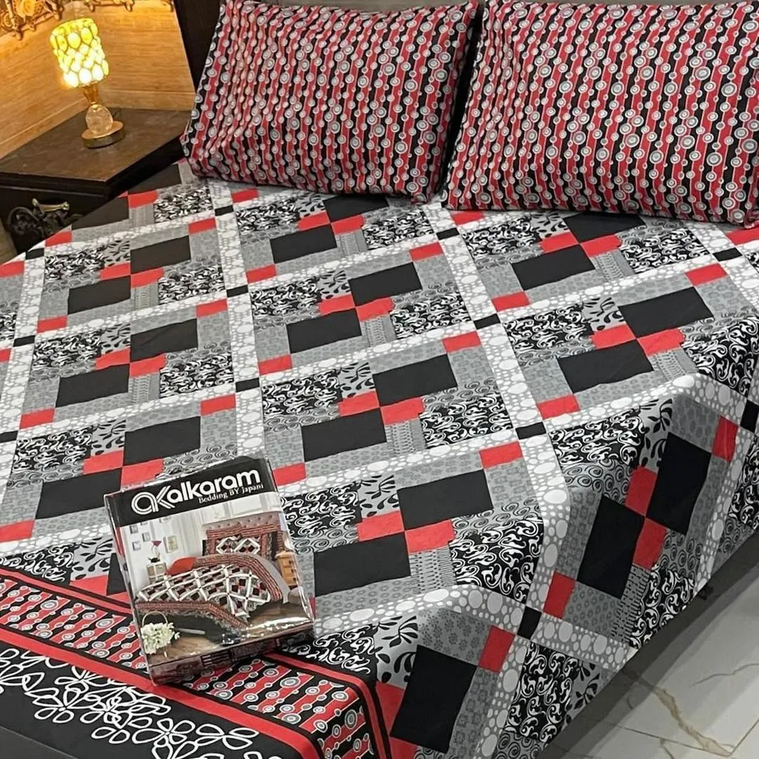 3 Pcs Cotton Salonica Printed Double Bedsheet