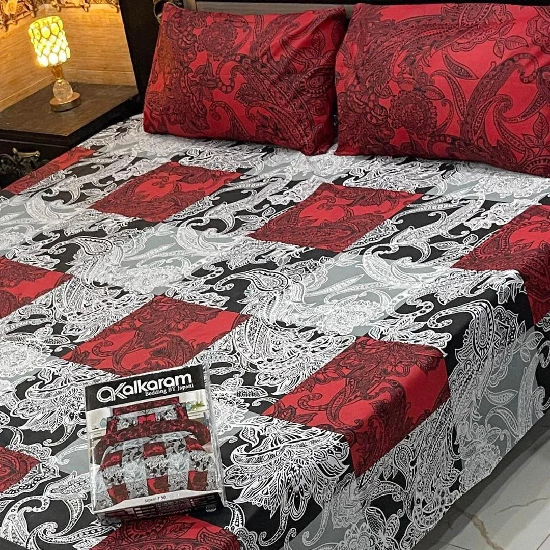 3 Pcs Cotton Salonica Printed Double Bedsheet