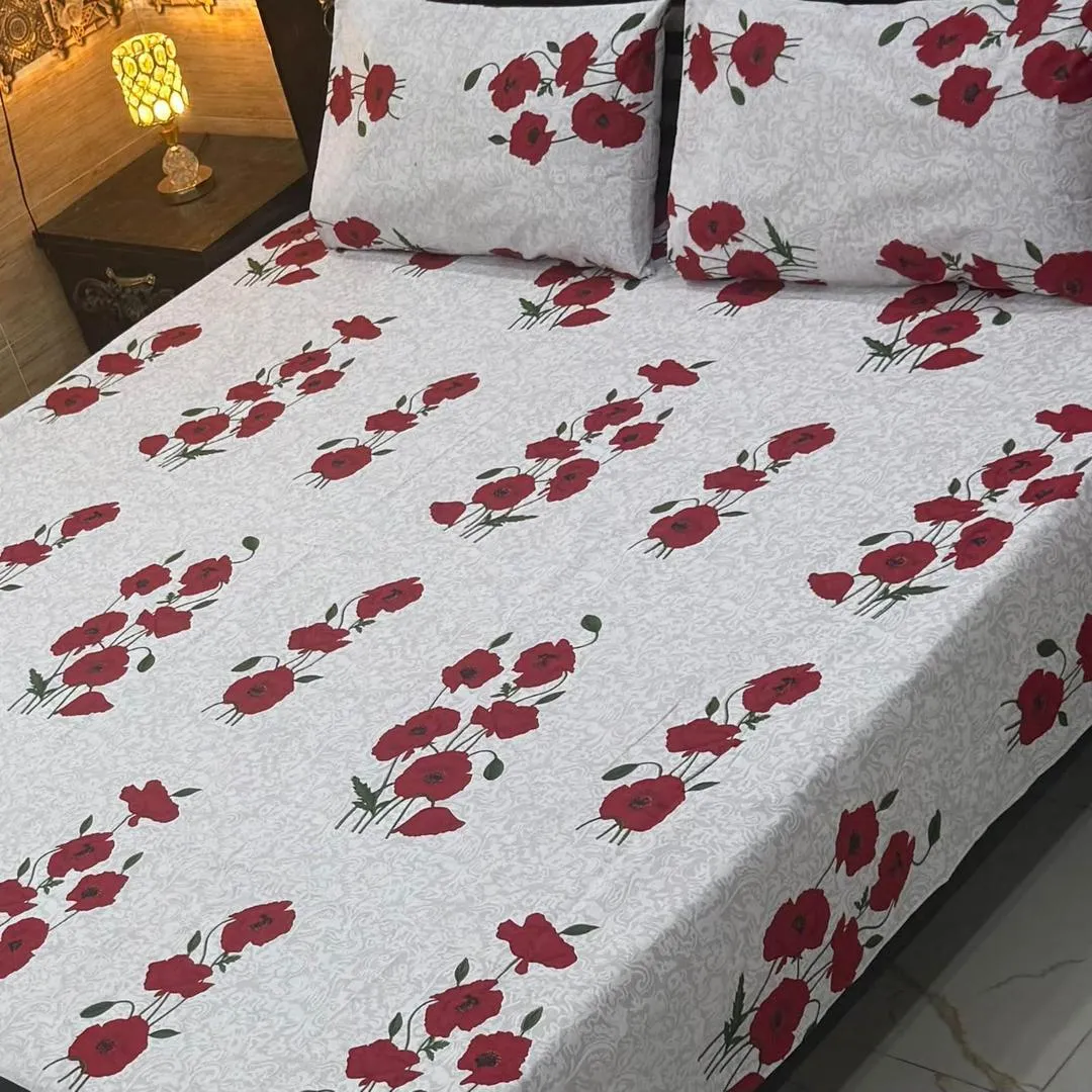 3 Pcs Cotton Printed Double Bedsheet