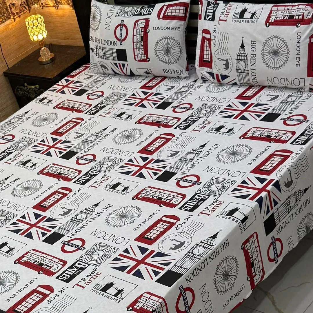 3 Pcs Cotton Printed Double Bedsheet