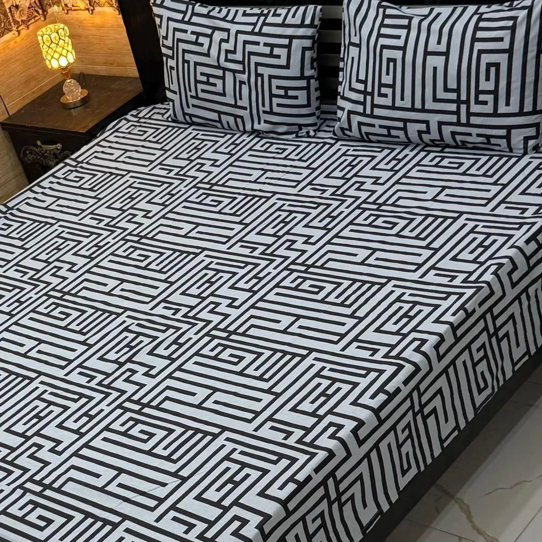 3 Pcs Cotton Printed Double Bedsheet