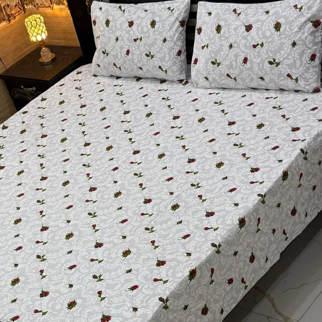 3 Pcs Cotton Printed Double Bedsheet