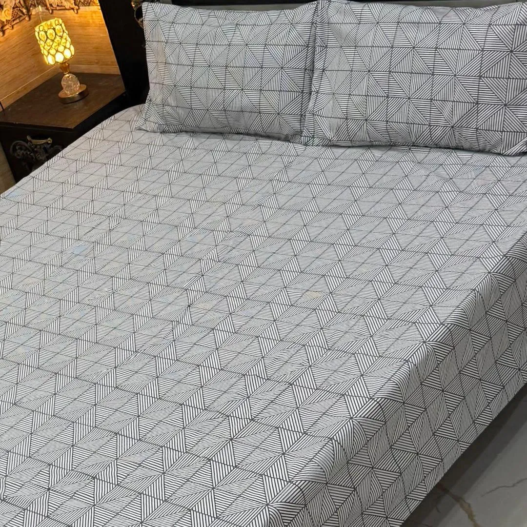 3 Pcs Cotton Printed Double Bedsheet