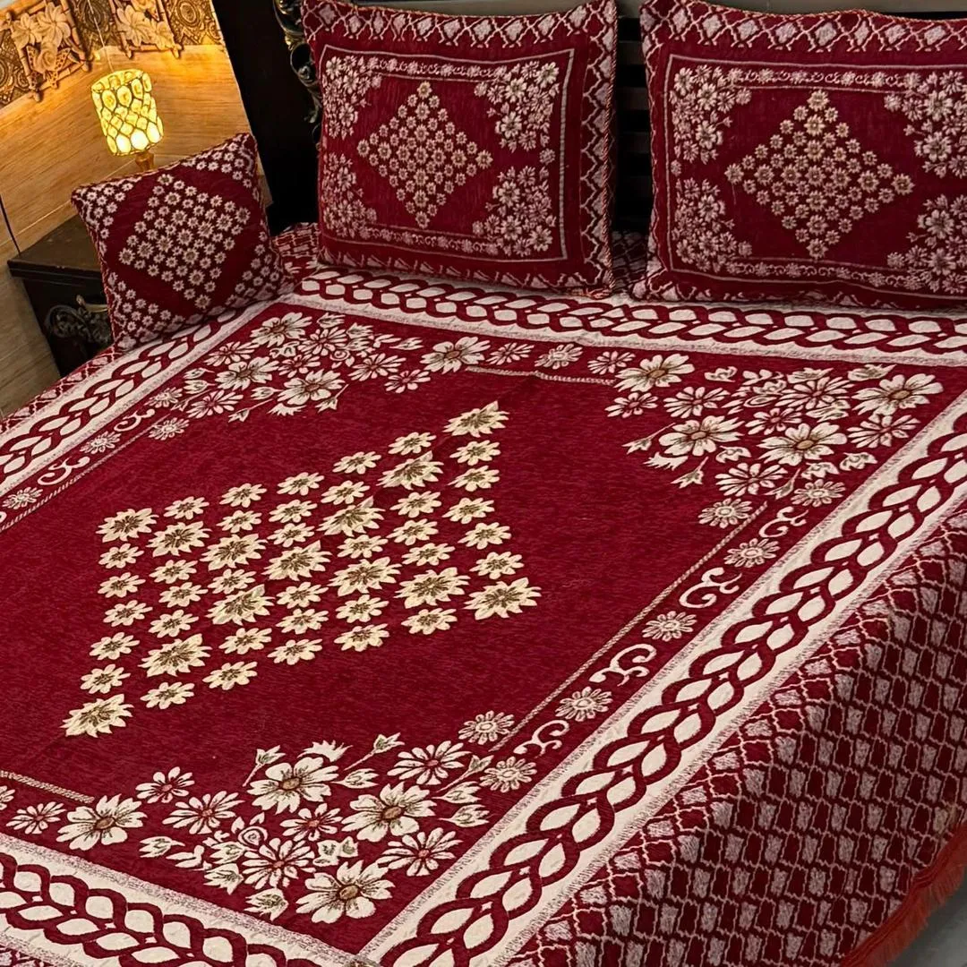 4 Pcs Velvet Jacquard Embroidered Double Bedsheet