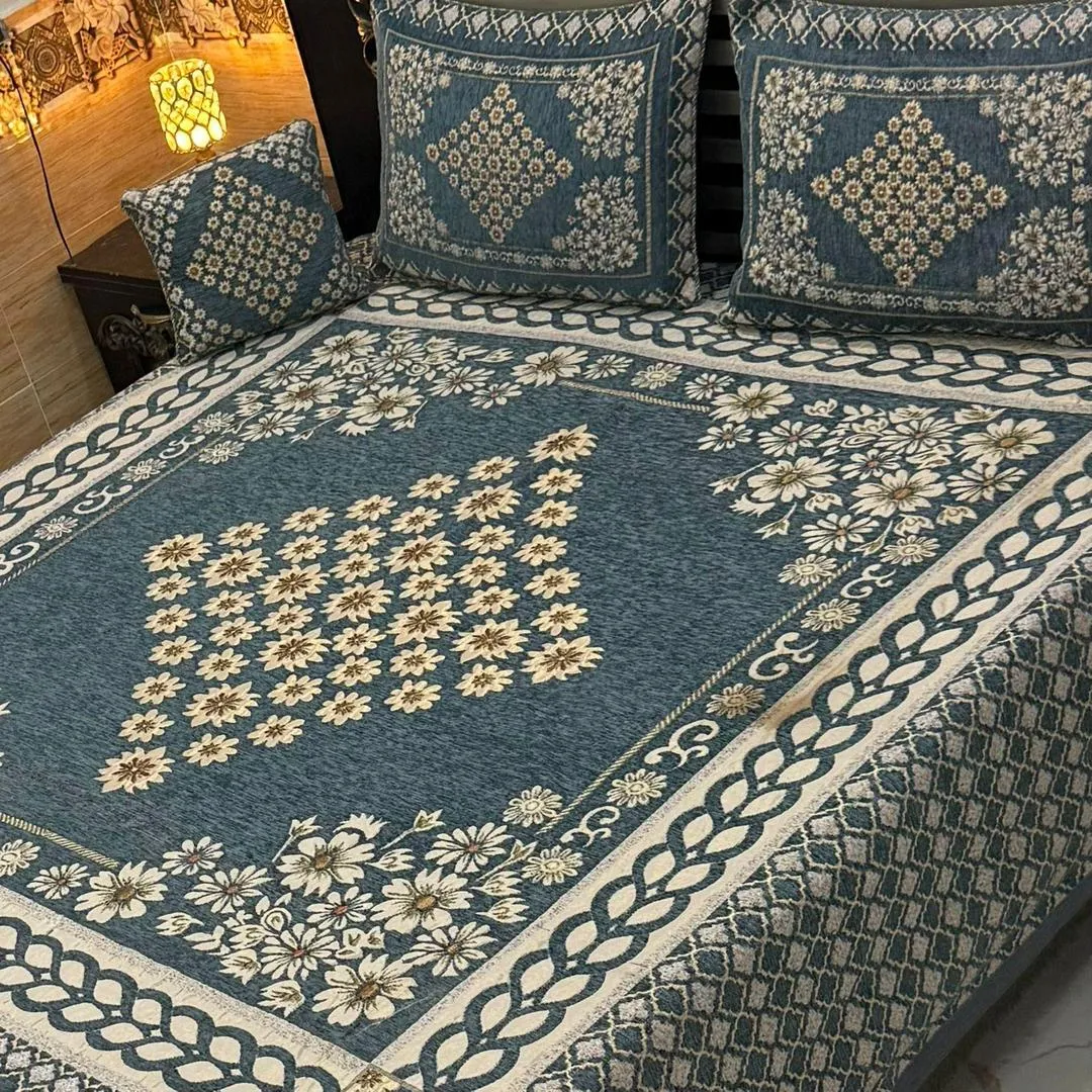 4 Pcs Velvet Jacquard Embroidered Double Bedsheet