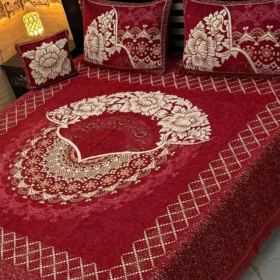 4 Pcs Velvet Jacquard Embroidered Double Bedsheet