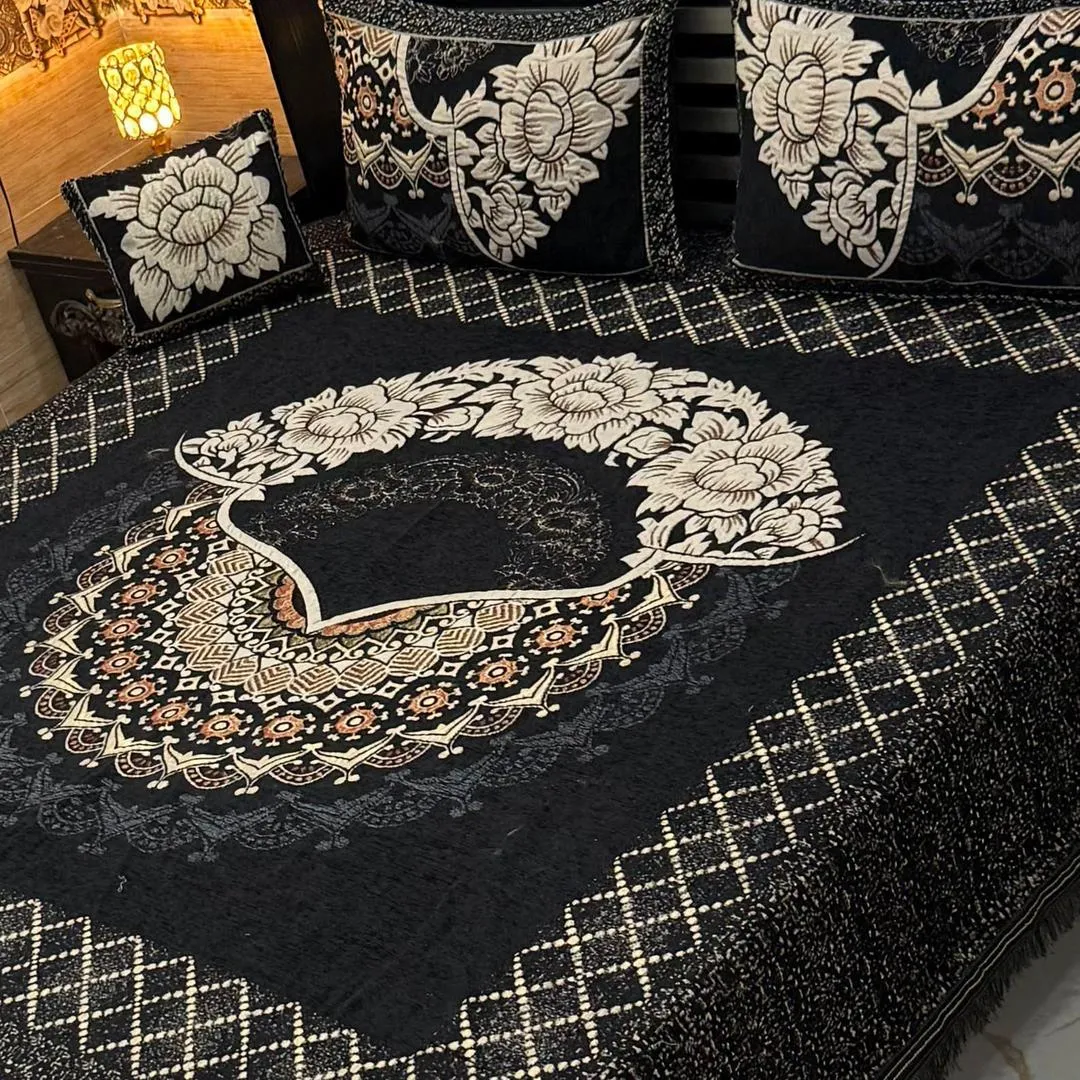 4 Pcs Velvet Jacquard Embroidered Double Bedsheet