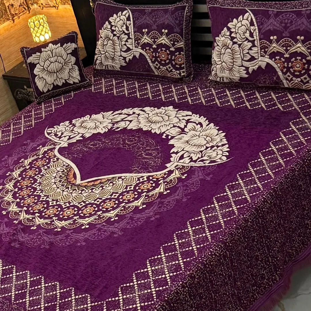 4 Pcs Velvet Jacquard Embroidered Double Bedsheet