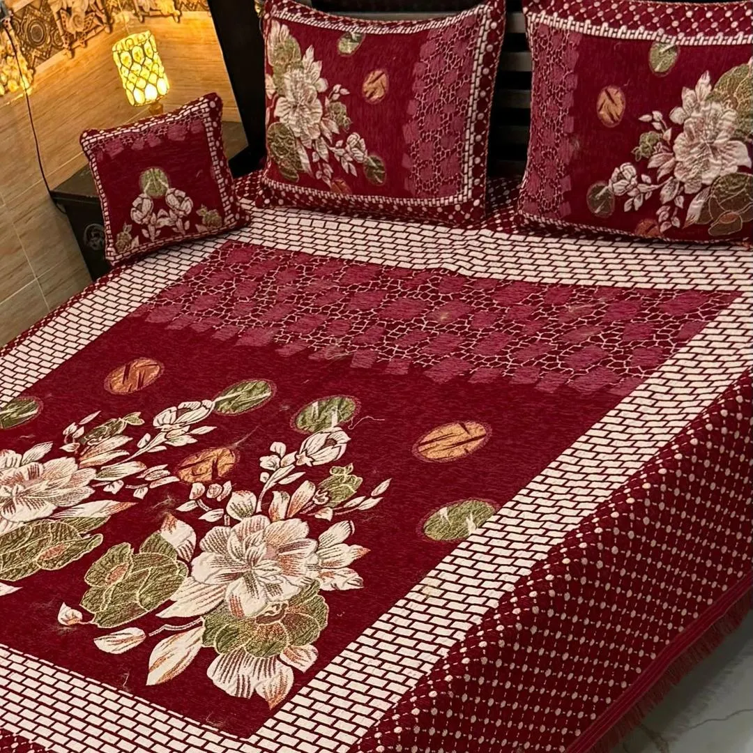 4 Pcs Velvet Jacquard Embroidered Double Bedsheet